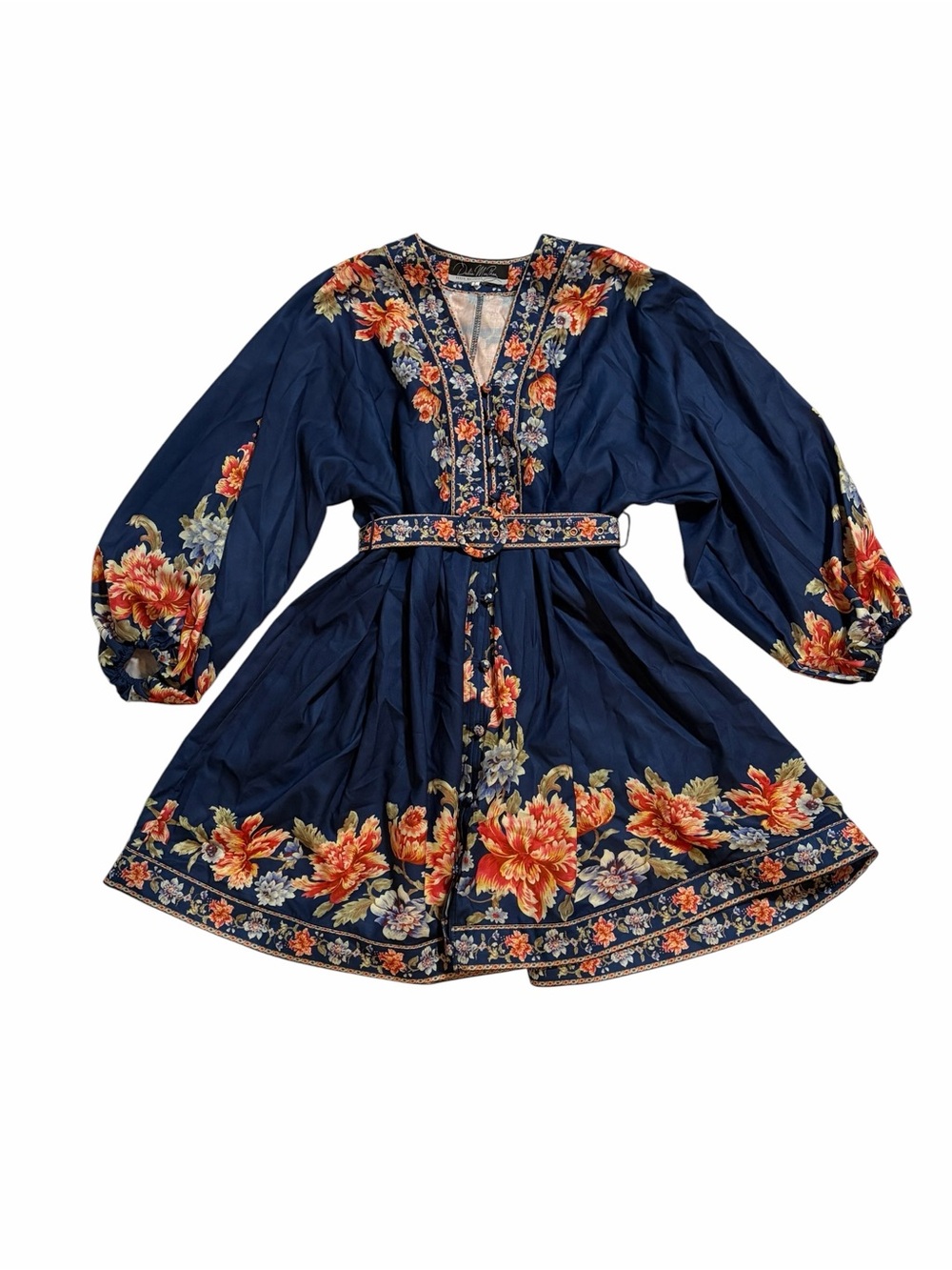 NWOT Dalia Macphee Navy Floral Embroidered Mini Dress with Belt Size-Large